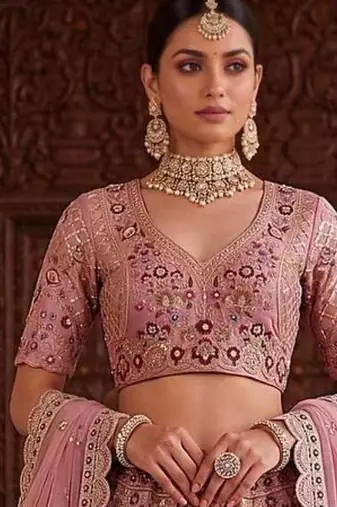 Light onion pink silk blend embroidered bridal sangeet lehenga choli set