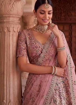 Light onion pink silk blend embroidered bridal sangeet lehenga choli set 2