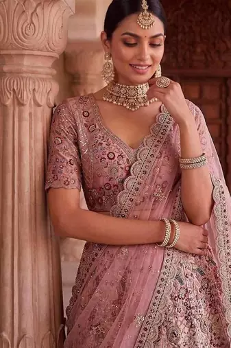 Light onion pink silk blend embroidered bridal sangeet lehenga choli set