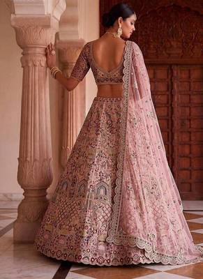 Light onion pink silk blend embroidered bridal sangeet lehenga choli set 3