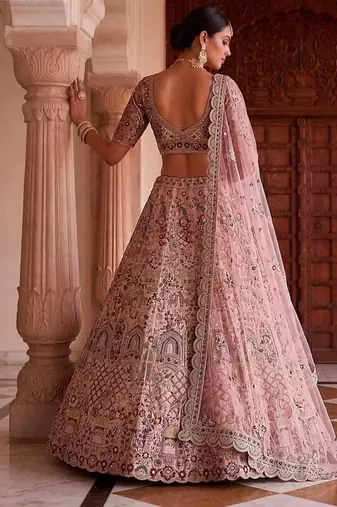 Light onion pink silk blend embroidered bridal sangeet lehenga choli set