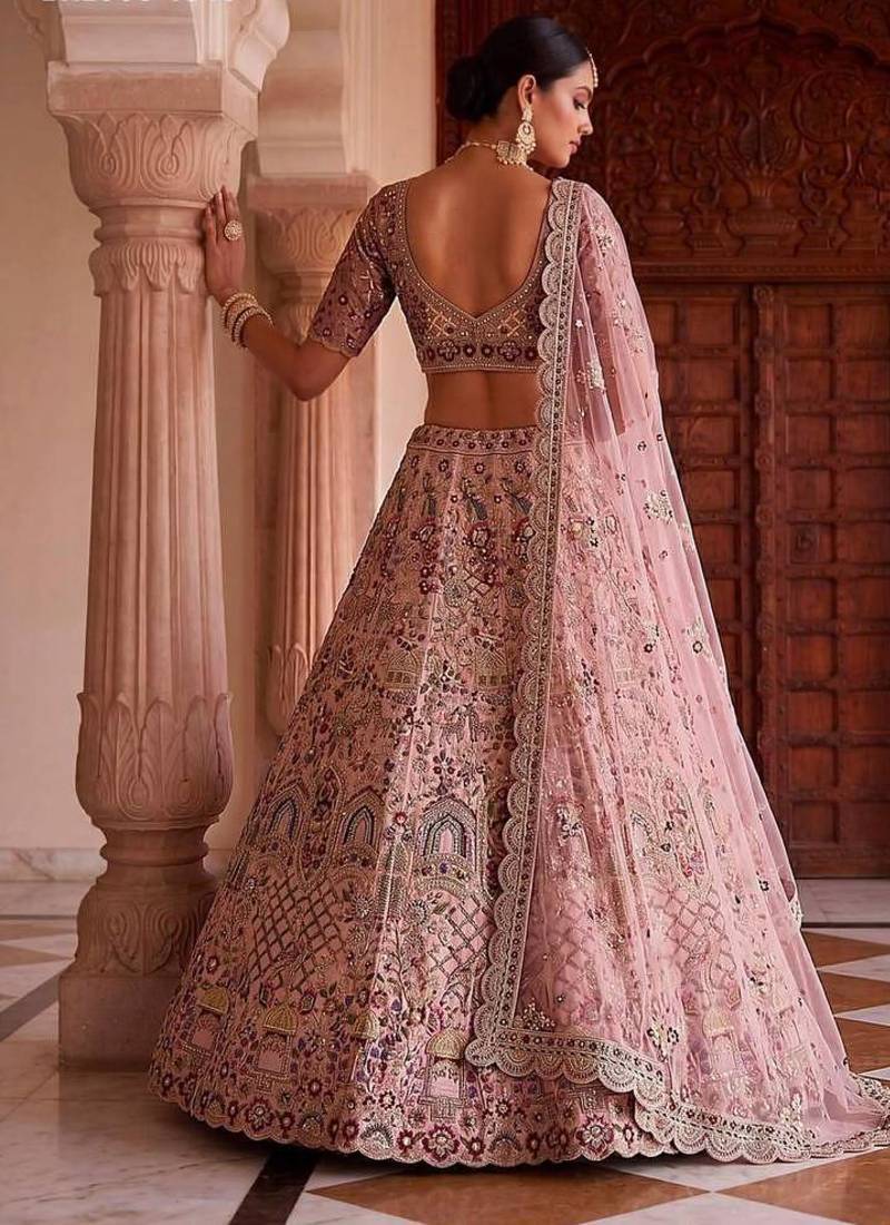 Light onion pink silk blend embroidered bridal sangeet lehenga choli set
