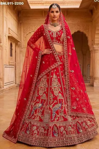 Red silk blend embroidered heavy royal bridal lehenga choli set