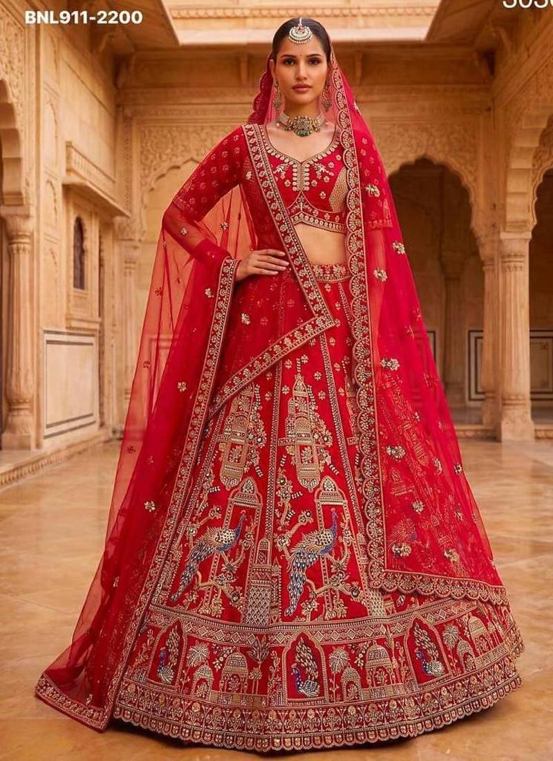 Red silk blend embroidered heavy royal bridal lehenga choli set