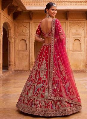 Red silk blend embroidered heavy royal bridal lehenga choli set 2