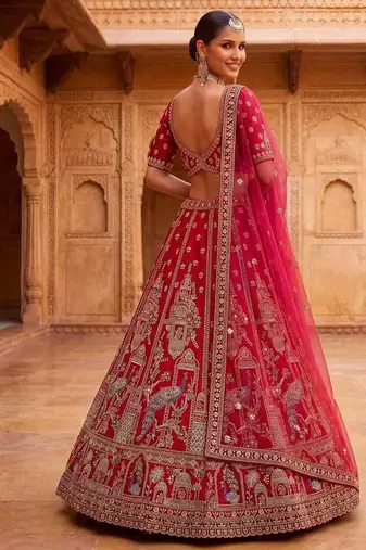 Red silk blend embroidered heavy royal bridal lehenga choli set