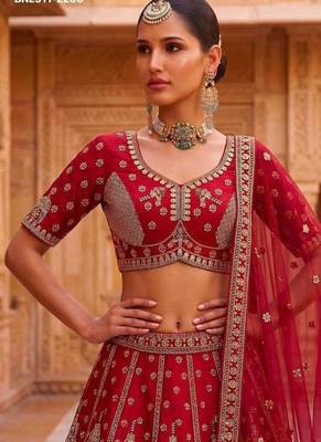 Red silk blend embroidered heavy royal bridal lehenga choli set 4