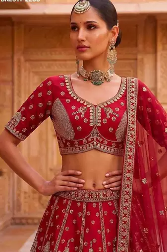 Red silk blend embroidered heavy royal bridal lehenga choli set