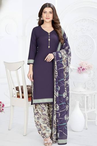 Dark blue printed cotton blend stitched ethnic motif print salwar kurta dupatta for women