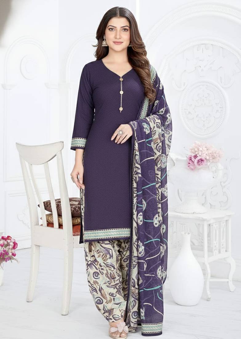 Dark blue printed cotton blend stitched ethnic motif print salwar kurta dupatta for women