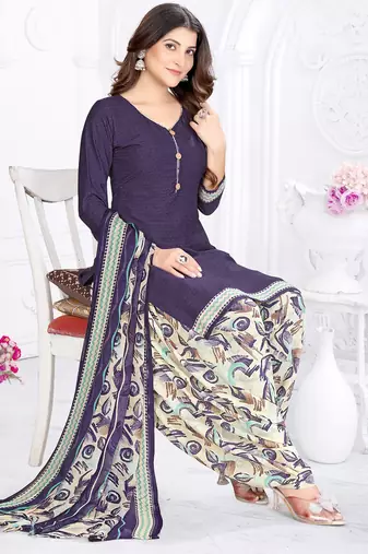 Dark blue printed cotton blend stitched ethnic motif print salwar kurta dupatta for women