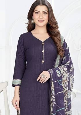 Dark blue printed cotton blend stitched ethnic motif print salwar kurta dupatta for women 3