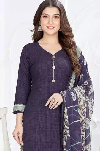 Dark blue printed cotton blend stitched ethnic motif print salwar kurta dupatta for women