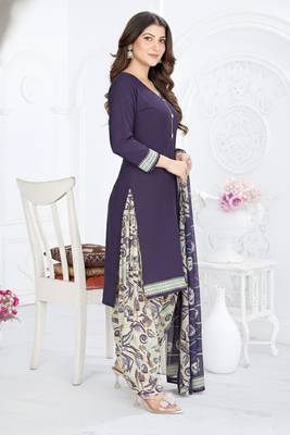 Dark blue printed cotton blend stitched ethnic motif print salwar kurta dupatta for women 4