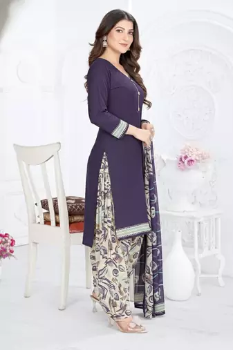 Dark blue printed cotton blend stitched ethnic motif print salwar kurta dupatta for women