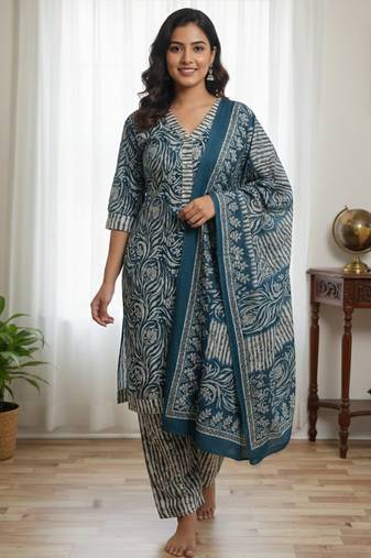 Teal blue blue printed cotton blend stitched ethnic motif print salwar kurta dupatta for women