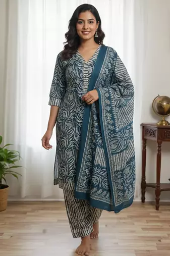 Teal blue blue printed cotton blend stitched ethnic motif print salwar kurta dupatta for women