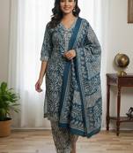 Teal blue blue printed cotton blend stitched ethnic motif print salwar kurta dupatta for women