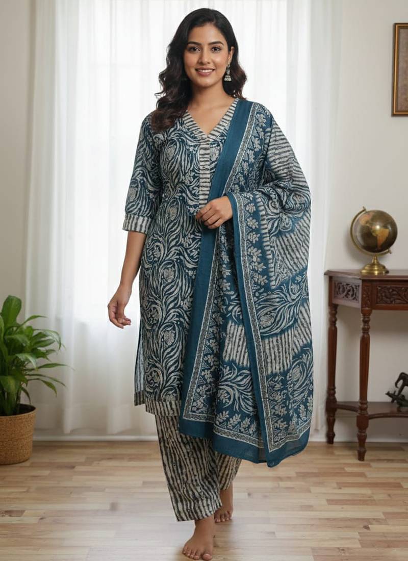 Teal blue blue printed cotton blend stitched ethnic motif print salwar kurta dupatta for women