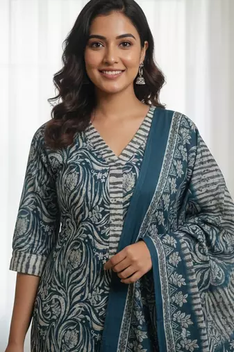 Teal blue blue printed cotton blend stitched ethnic motif print salwar kurta dupatta for women