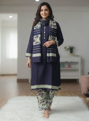 Dark blue printed cotton blend stitched ethnic motif print salwar kurta dupatta for women 1