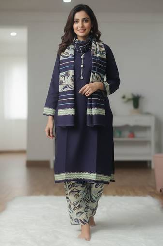 Dark blue printed cotton blend stitched ethnic motif print salwar kurta dupatta for women