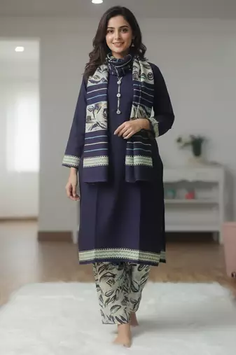 Dark blue printed cotton blend stitched ethnic motif print salwar kurta dupatta for women