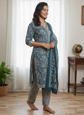 Teal blue blue printed cotton blend stitched ethnic motif print salwar kurta dupatta for women 3
