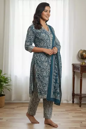 Teal blue blue printed cotton blend stitched ethnic motif print salwar kurta dupatta for women