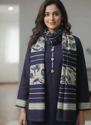 Dark blue printed cotton blend stitched ethnic motif print salwar kurta dupatta for women 2