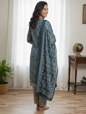 Teal blue blue printed cotton blend stitched ethnic motif print salwar kurta dupatta for women 4