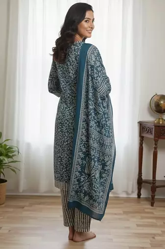 Teal blue blue printed cotton blend stitched ethnic motif print salwar kurta dupatta for women