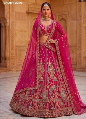 Rani pink silk blend embroidered heavy bridal wedding lehenga choli set 1