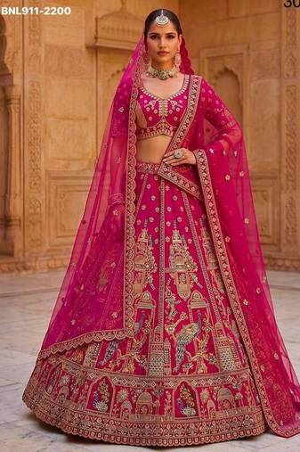 Rani pink silk blend embroidered heavy bridal wedding lehenga choli set