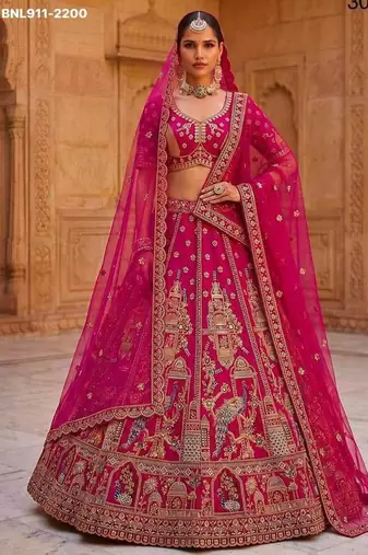 Rani pink silk blend embroidered heavy bridal wedding lehenga choli set