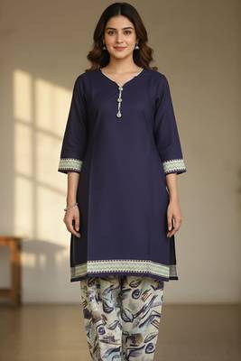 Dark blue printed cotton blend stitched ethnic motif print salwar kurta dupatta for women 3