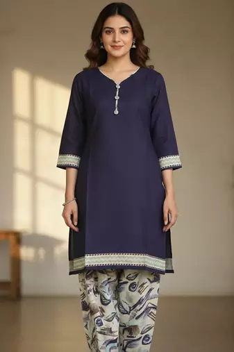 Dark blue printed cotton blend stitched ethnic motif print salwar kurta dupatta for women
