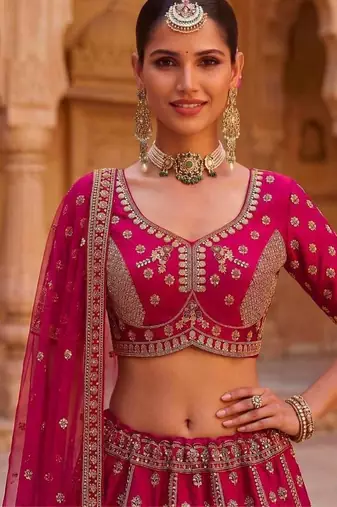 Rani pink silk blend embroidered heavy bridal wedding lehenga choli set
