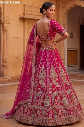 Rani pink silk blend embroidered heavy bridal wedding lehenga choli set