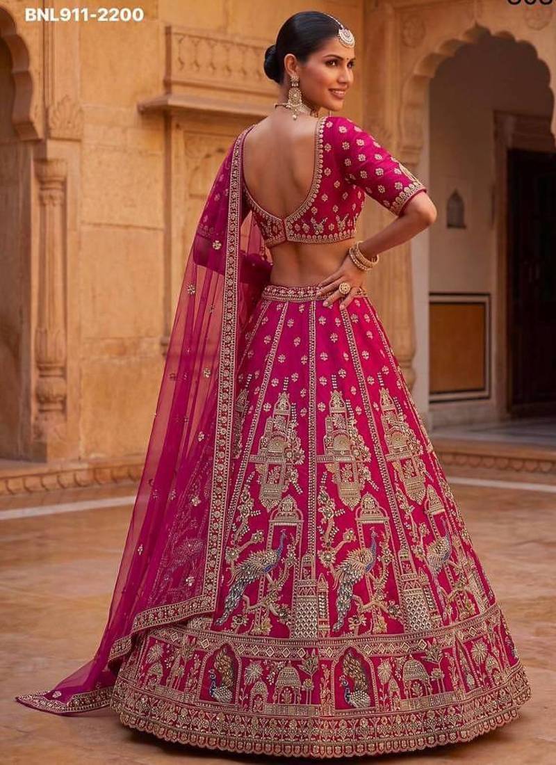 Rani pink silk blend embroidered heavy bridal wedding lehenga choli set