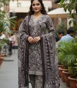 Wine printed cotton blend stitched ethnic motif print salwar kurta dupatta for women