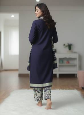 Dark blue printed cotton blend stitched ethnic motif print salwar kurta dupatta for women 4