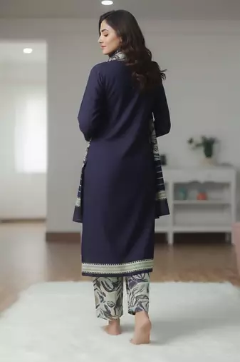 Dark blue printed cotton blend stitched ethnic motif print salwar kurta dupatta for women