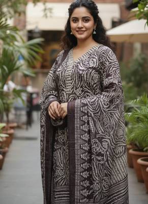 Wine printed cotton blend stitched ethnic motif print salwar kurta dupatta for women 2