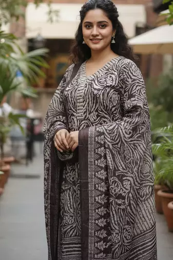 Wine printed cotton blend stitched ethnic motif print salwar kurta dupatta for women
