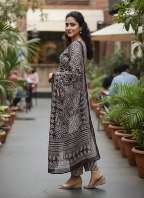Wine printed cotton blend stitched ethnic motif print salwar kurta dupatta for women 3