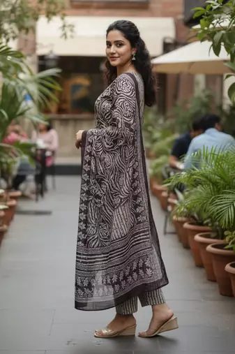 Wine printed cotton blend stitched ethnic motif print salwar kurta dupatta for women