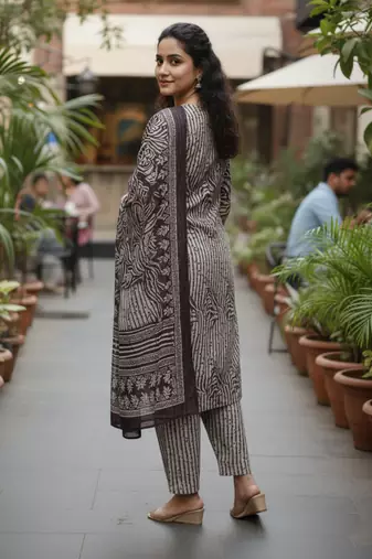 Wine printed cotton blend stitched ethnic motif print salwar kurta dupatta for women