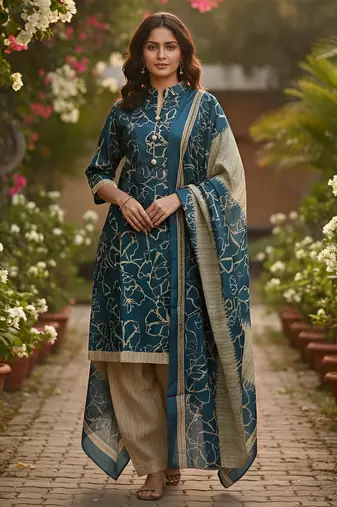 Teal printed cotton blend stitched ethnic motif print salwar kurta dupatta for women