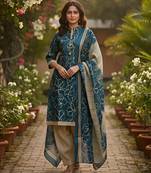 Teal printed cotton blend stitched ethnic motif print salwar kurta dupatta for women